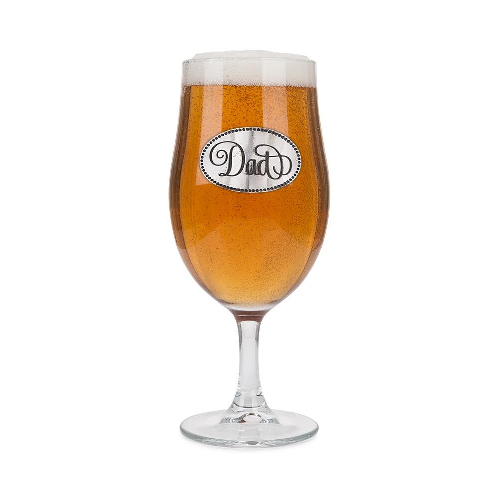 A Stemmed Pint Beer Glass with a Pewter Dad badge on the front, filled with Beer