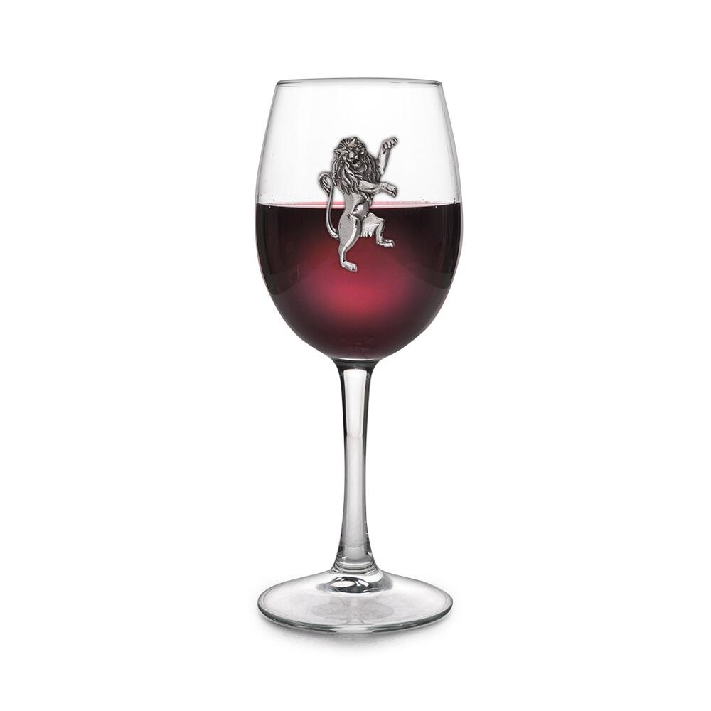 Wine glass with handmade pewter rampant lion badge filled with red wine