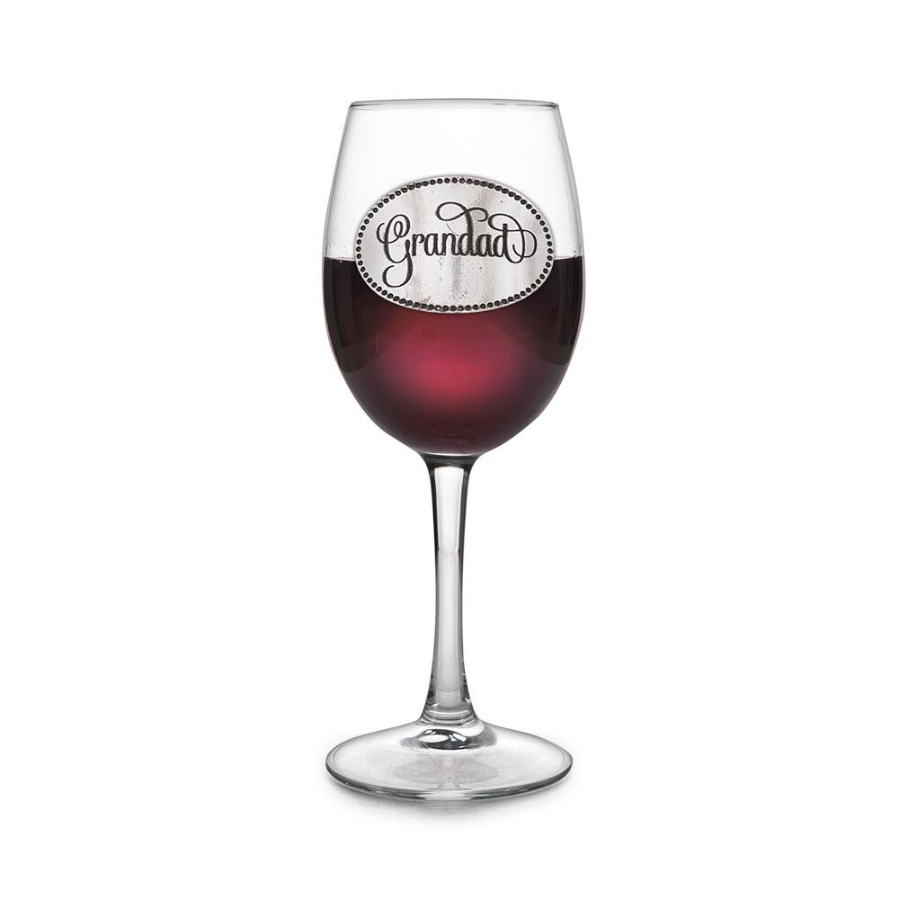 Wine glass with handmade pewter grandad badge filled with red wine