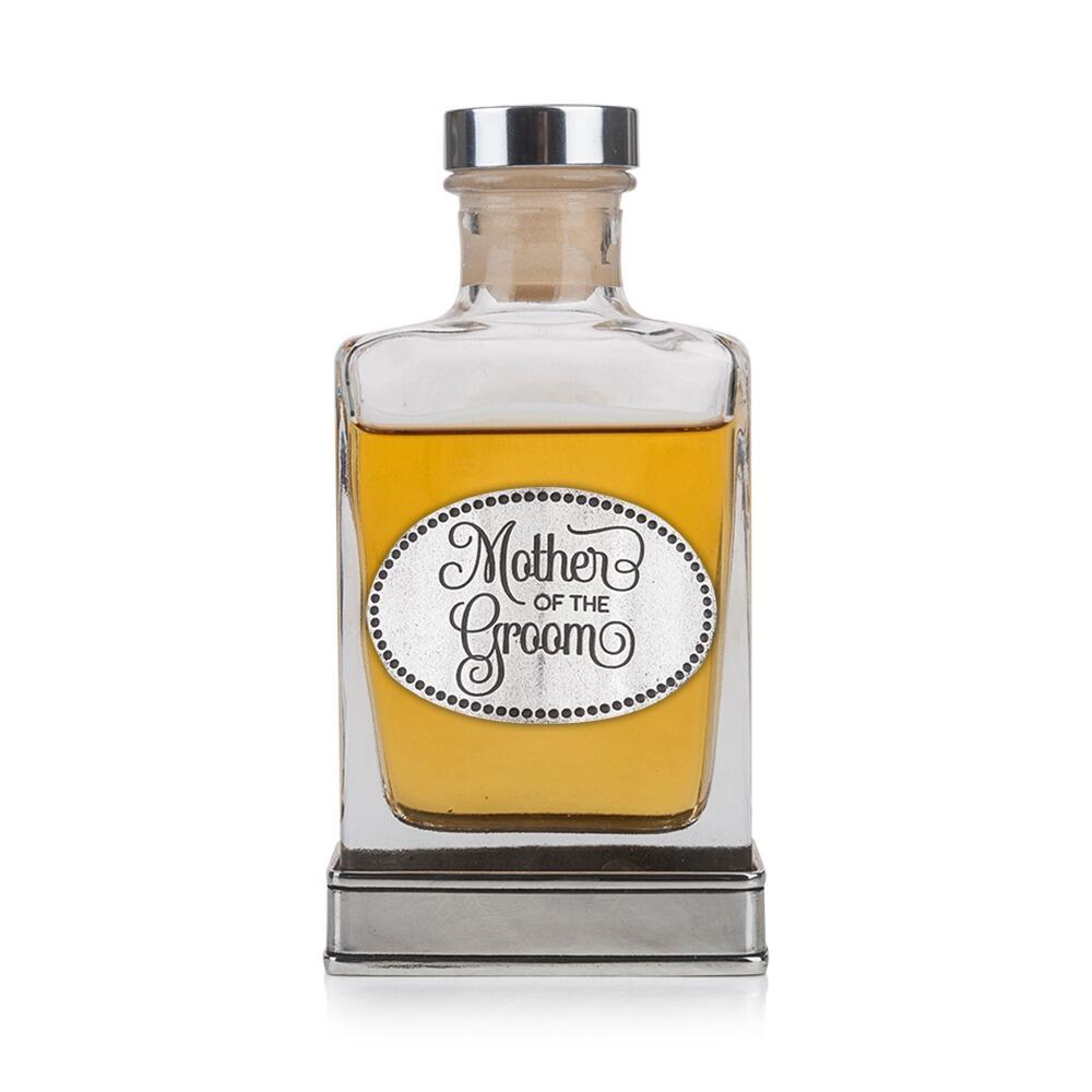 A glass flask with a pewter base and a handcrafted pewter “Mother of the Groom” emblem on the front