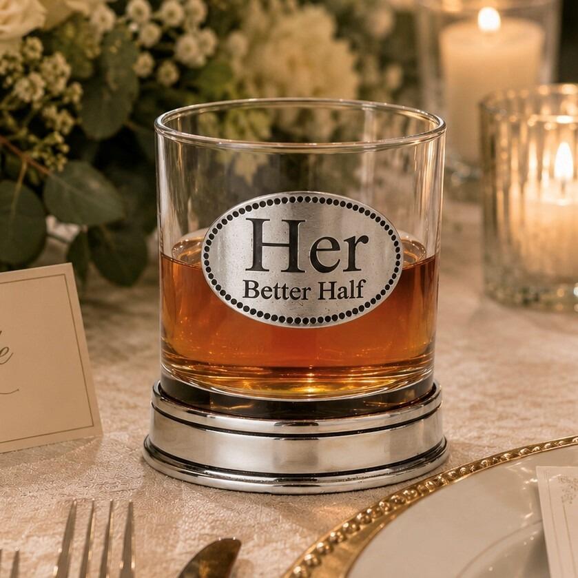 Whisky tumbler with pewter "Her Better Half" badge and polished base, partially filled with amber liquid