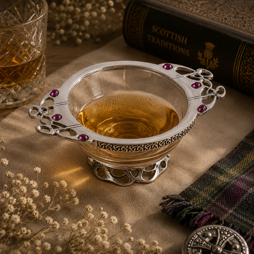A Pewter and Glass Quaich Bowl filled with whisky on a tablesetting