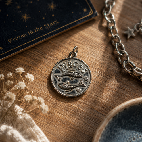 Pisces charm in pewter on a vanity bench