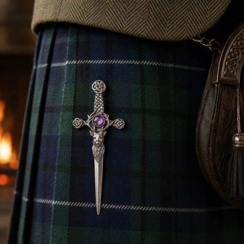 A Pewter kilt Pin with a stags head and a purple stone attached to a Kilt