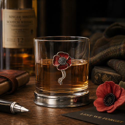 Whisky tumbler with enamelled pewter poppy emblem and polished base, partially filled with amber liquid