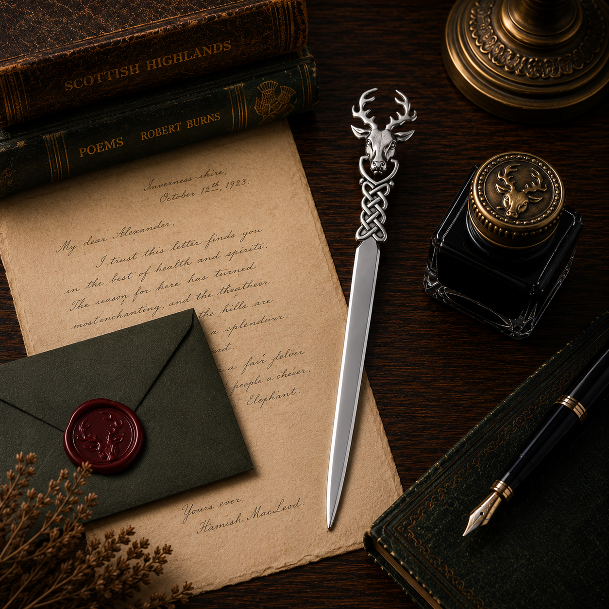Handcrafted pewter stag letter opener featuring a detailed deer head and Celtic knotwork design, displayed with antique writing accessories on a traditional desk.