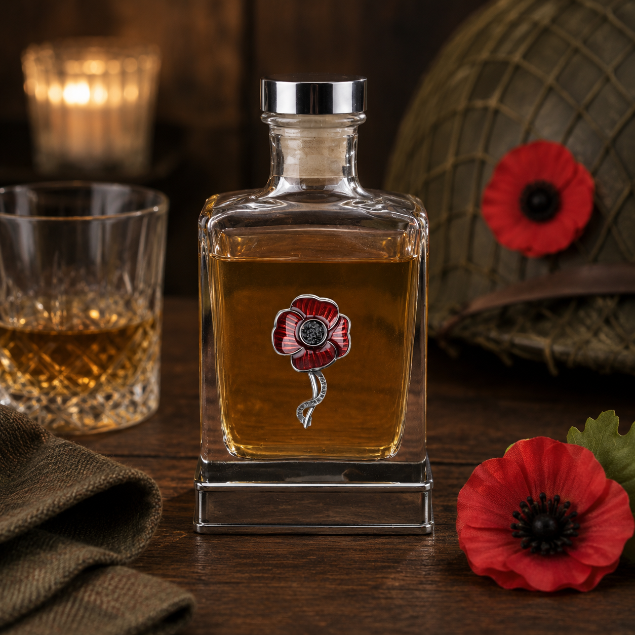 Handcrafted poppy glass hip flask with enamel Lest We Forget poppy badge, filled with whisky and displayed with remembrance poppies, commemorative military gift, Remembrance Day keepsake and memorial flask made in Britain