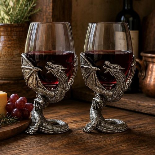 A pair of gothic fantasy wine glasses filled with red wine, each cradled by a highly detailed pewter dragon that forms the stem and base. The sculpted dragons feature textured scales and outspread wings that curve upward to clasp the glass bowl, with their coiled tails resting flat to support the chalice