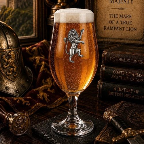 A stemmed beer chalice glass filled with golden ale and a frothy white head, featuring a detailed pewter emblem of a heraldic rampant lion affixed to the front