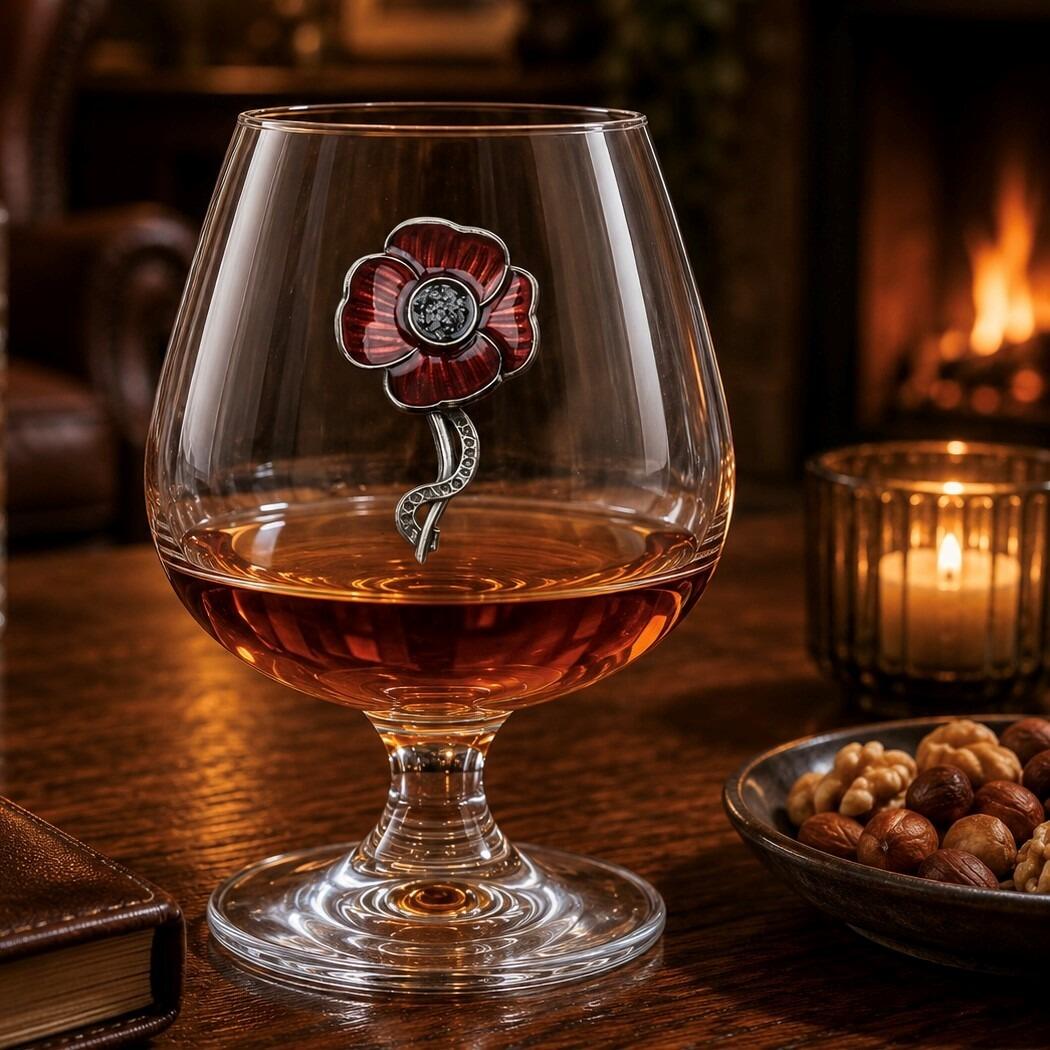 A short-stemmed clear glass brandy snifter filled with amber-colored brandy, resting on a dark wooden table in a cozy room. The front of the glass bowl features a detailed metal emblem of a vibrant red enamelled remembrance poppy with a textured dark gray center and a curved pewter stem extending downward