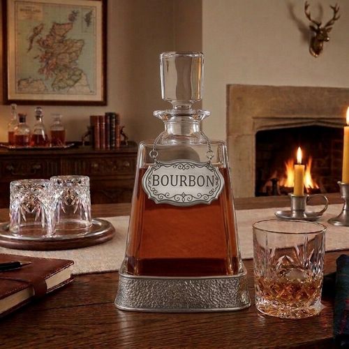 A clear glass spirits decanter filled with amber liquid, sitting in a hammered-effect pewter base. A decorative pewter decanter label engraved with the word "BOURBON" hangs from a delicate chain around the bottle's neck