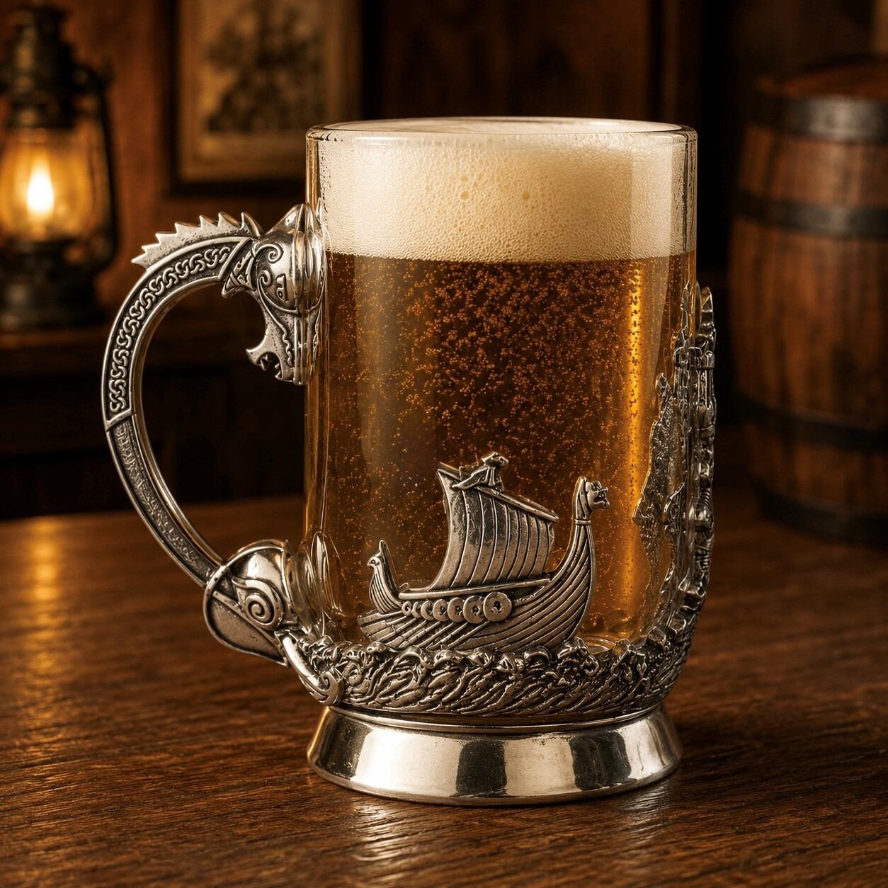 A clear glass beer tankard filled with golden, bubbling lager and a thick white foam head, resting on a rustic wooden table. The mug features an intricate pewter wrap and handle assembly; the handle is styled as a detailed Viking dragon ship prow or beast head with a textured knotwork spine, while the front base wrap displays a high-relief scene of a Viking longship with a sail and side shields, riding across stylized stormy ocean waves