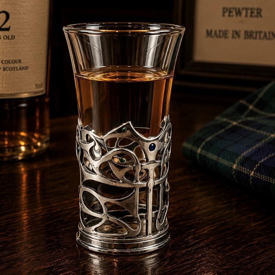 A tall glass shot glass filled with amber-colored liquor, sitting on a dark wooden bar counter. The lower half of the glass is encased in an intricate pewter metal holder featuring an abstract, openwork design of fluid art nouveau swirls and loops. Small, colourful enamel dots in shades of blue and green are subtly inset as accents within the pewter framework