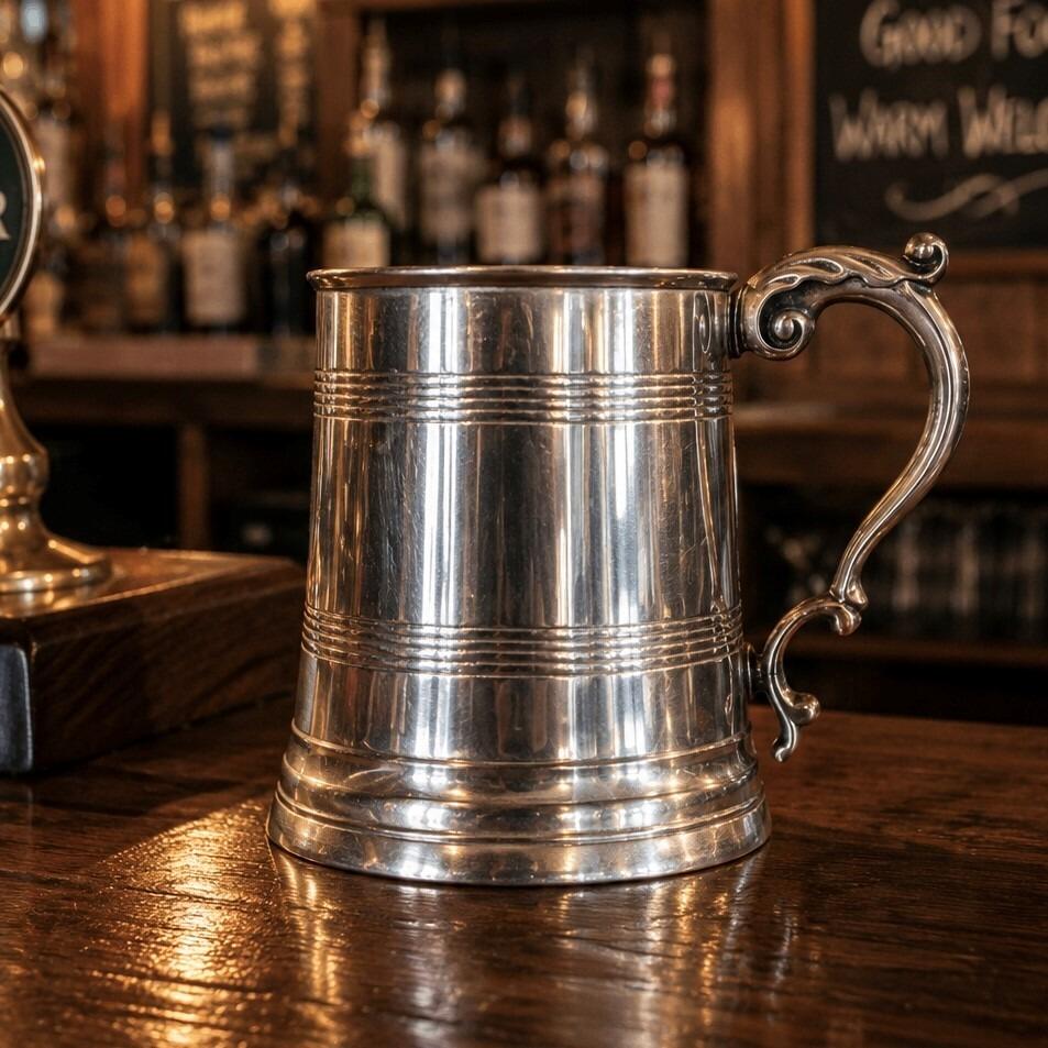 A classic, traditional pewter tankard with a bright, polished finish and a slightly tapered shape. The tankard is decorated with multiple sets of horizontal ribbed bands around the upper and lower sections of its body, and features an ornate, scroll-detailed handle