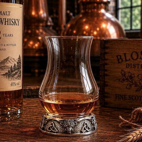 A tulip-shaped glass whisky taster glass, containing a small pour of amber whisky and sitting on a rustic wooden table. The circular base of the glass is set into a decorative pewter metal stand featuring detailed relief-sculpted stag heads with antlers, separated by triquetra Celtic knots against a textured background