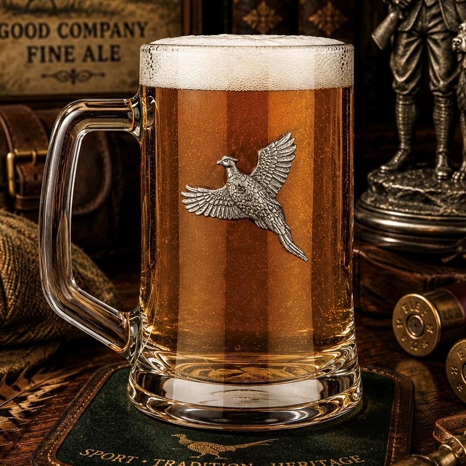 A Beer Tankard with a Pewter Pheasant badge on the front, filled with Amber Beer