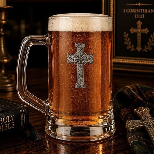 A Beer Tankard with a Pewter Cross badge on the front, filled with Amber Beer