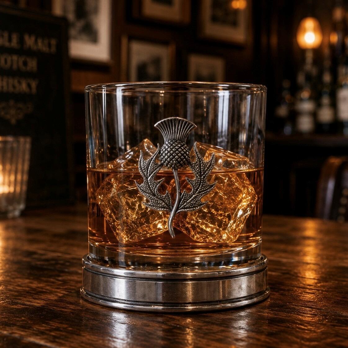 Whisky tumbler with pewter thistle motif and polished base, partially filled with amber liquid