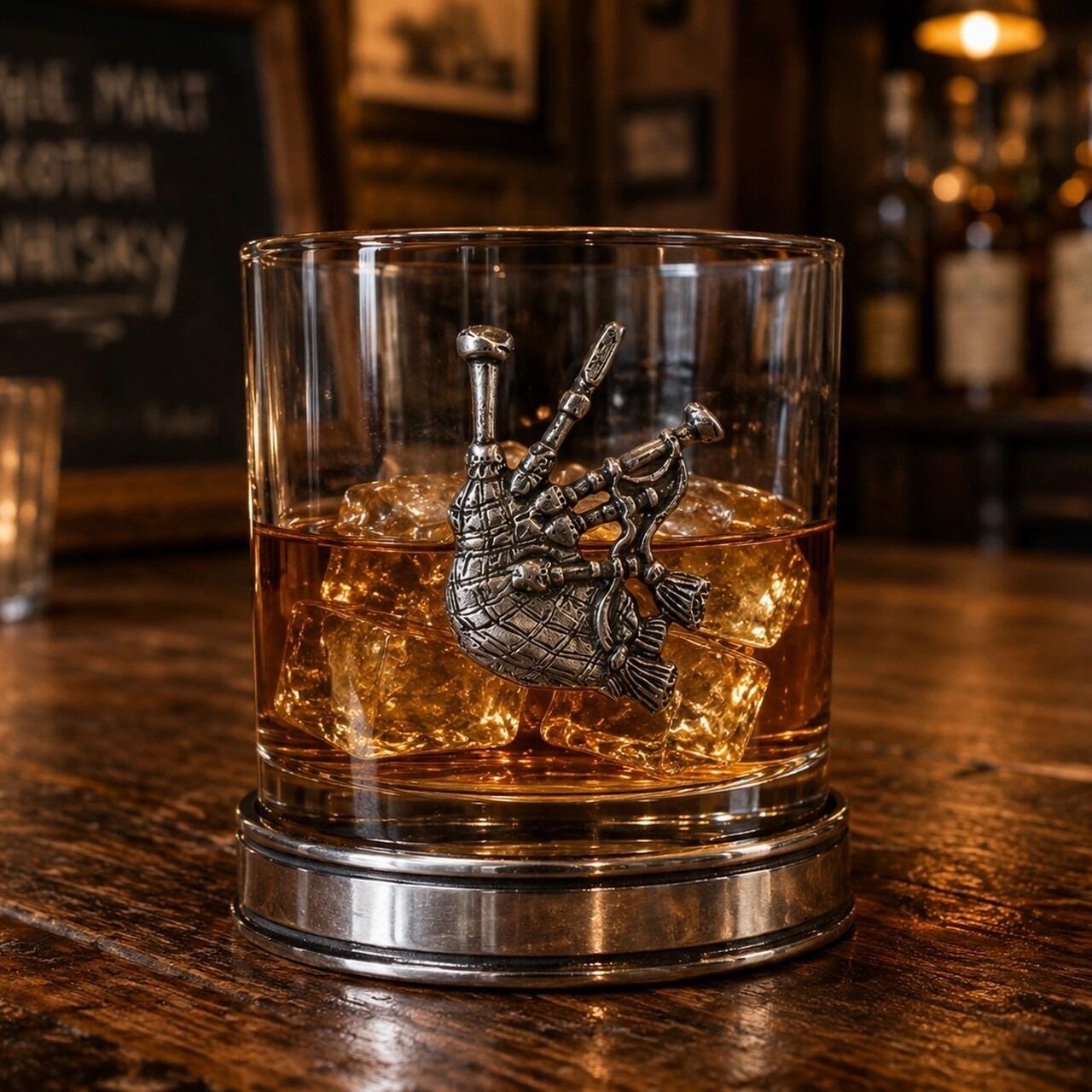 Whisky tumbler with pewter bagpipe emblem and polished base, partially filled with amber liquid