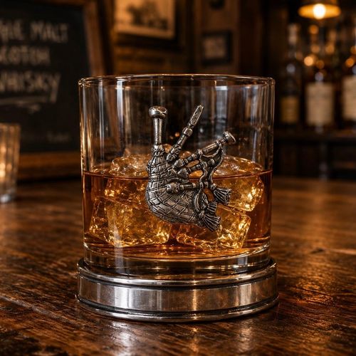 Whisky tumbler with pewter bagpipe emblem and polished base, partially filled with amber liquid