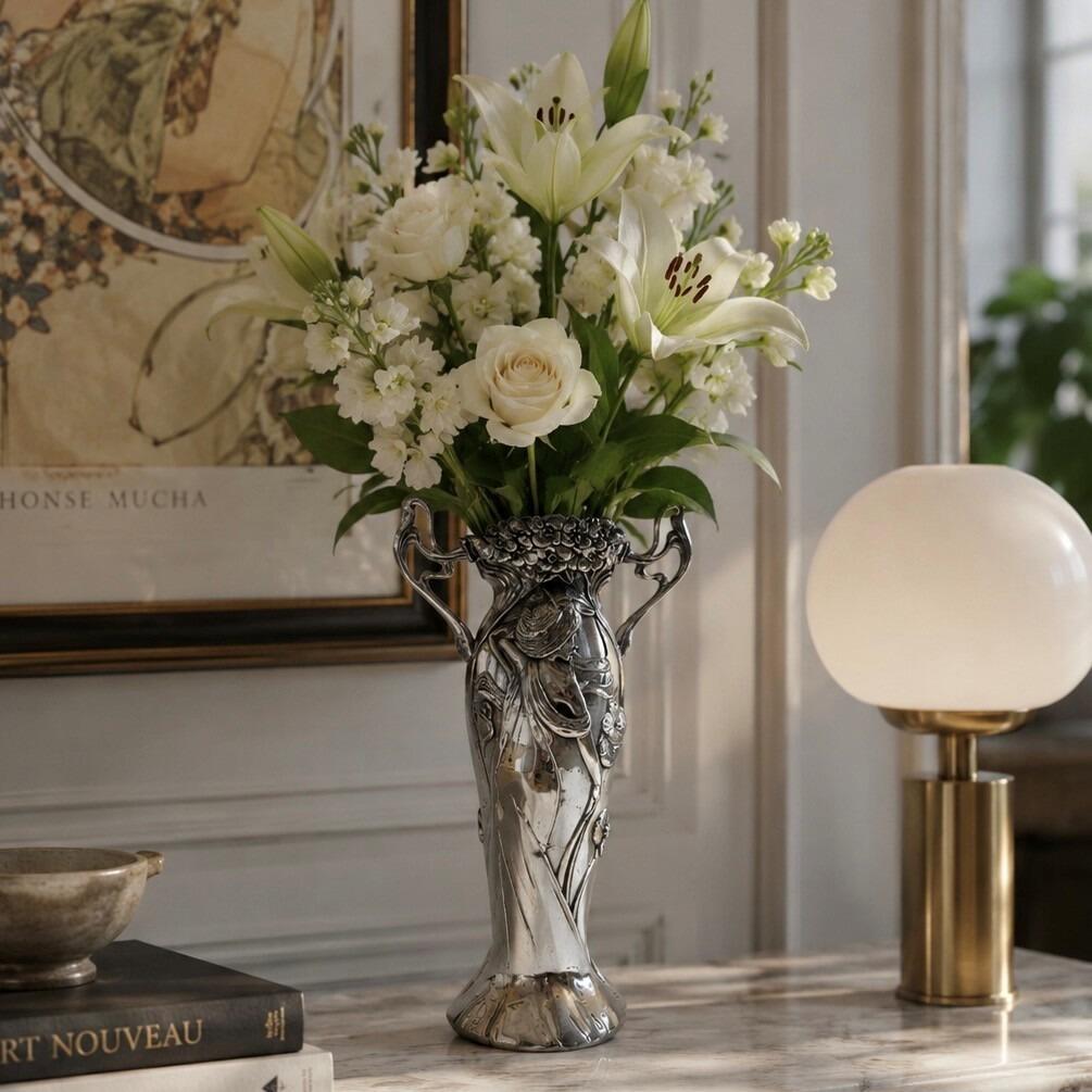 A polished pewter Art Nouveau vase with a bright, silver-coloured finish, filled with a bouquet of purple and white wildflowers. The vase features an ornate relief design of a woman with long, flowing robes surrounded by blossoms, flanked by two highly decorative, curved side handles, with a densely textured floral pattern accenting the rim