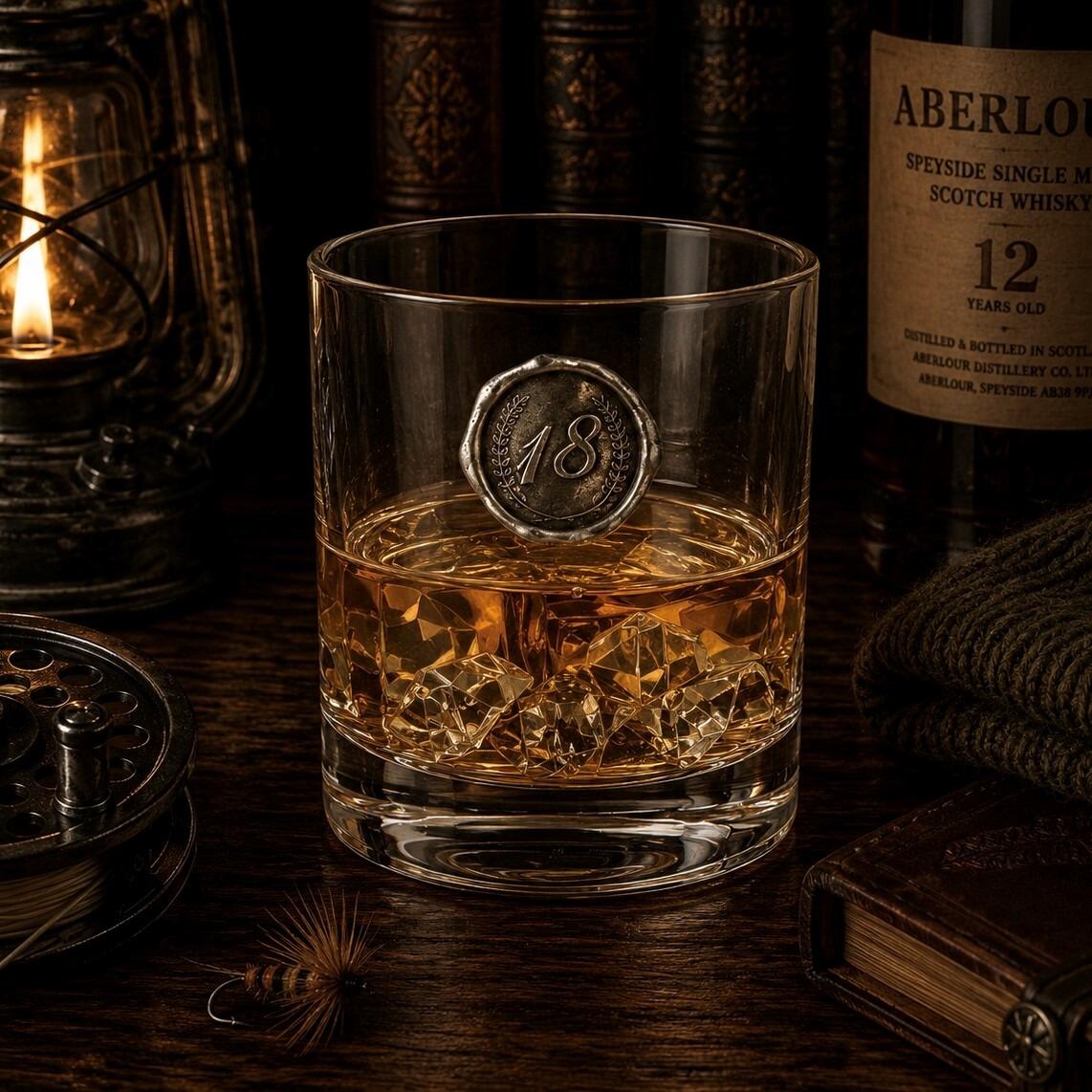 A heavy-based glass whisky tumbler filled with amber single malt scotch and ice cubes, featuring a round pewter emblem styled like a vintage wax seal with the number 18 inside