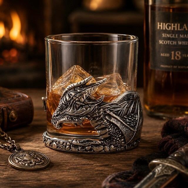 A lowball glass whisky tumbler filled with amber spirits and ice cubes, nestled in a dramatic, sculpted pewter holder. The front of the holder features a detailed, high-relief profile of a mythical dragon's head with sharp horns and a scaled neck, extending back into a leathery, textured wing that wraps around the side of the glass