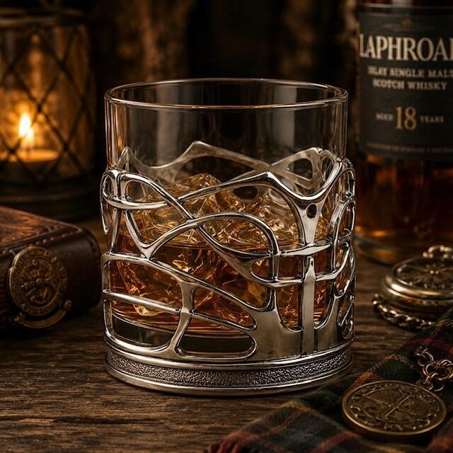A lowball glass whisky tumbler filled with amber spirits and ice cubes, nestled in an abstract, openwork pewter holder. The holder features a stylized tree or branching design with clean, flowing lines reminiscent of the Art Nouveau style, with a small enamel dot detail at a prominent intersection
