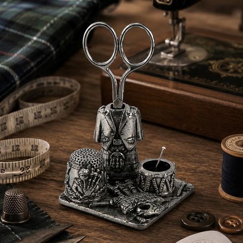 Vintage-style pewter Scottish kiltmaker sewing station featuring a kilt attire scissor holder, a thistle-embossed thimble stand, a drum-shaped pincushion, and miniature bagpipes on the base