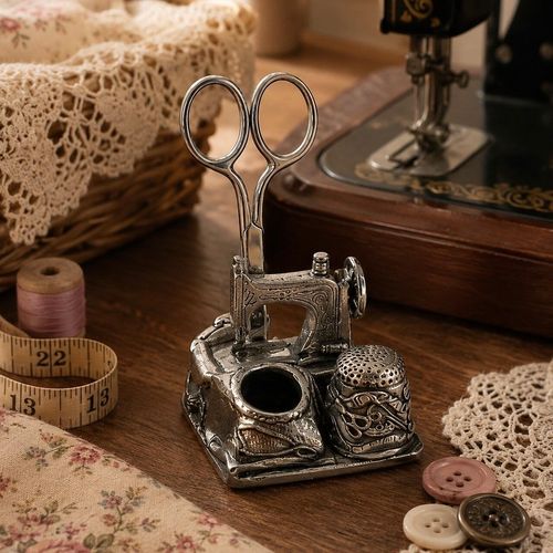Vintage-style pewter miniature sewing machine sewing station featuring a detailed sewing machine scissor holder, an integrated thimble holder, and a small round storage well