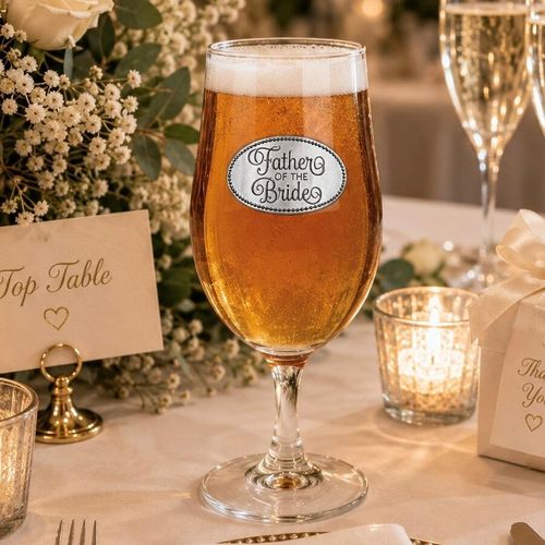 A Stemmed Pint Beer Glass with a Pewter Father of the Bride badge on the front, filled with Beer
