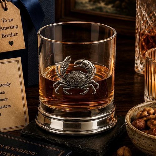 Whisky tumbler with pewter crab emblem and polished base, partially filled with amber liquid