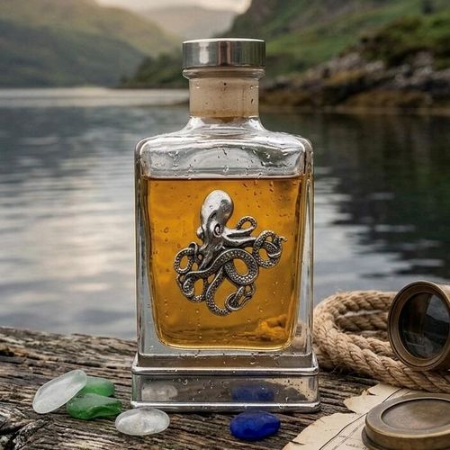 A glass flask with a pewter base and a handcrafted pewter octopus emblem on the front
