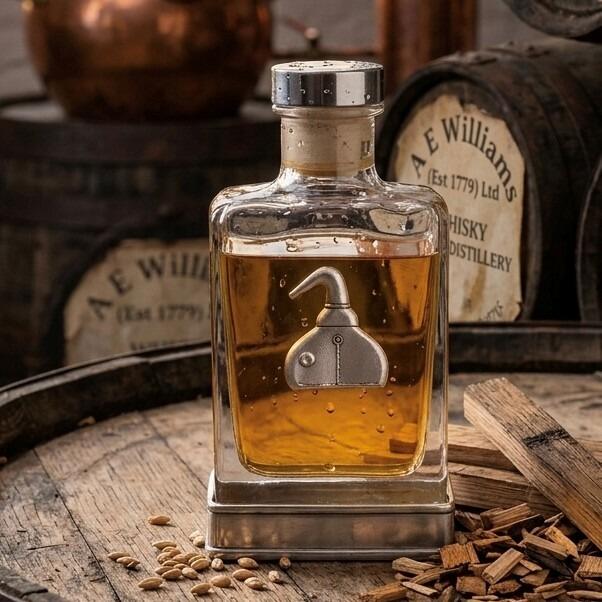 A glass flask with a pewter base and a handcrafted pewter pot still emblem on the front