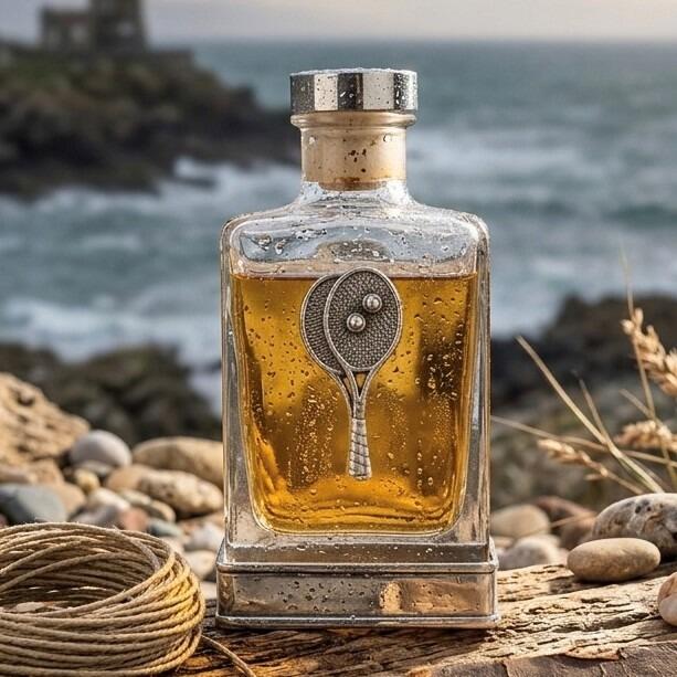A glass flask with a pewter base and a handcrafted pewter tennis emblem on the front