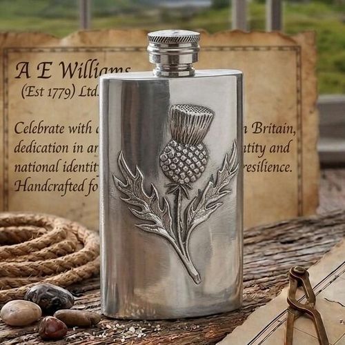 Pewter hip flask featuring a detailed embossed Scottish thistle emblem
