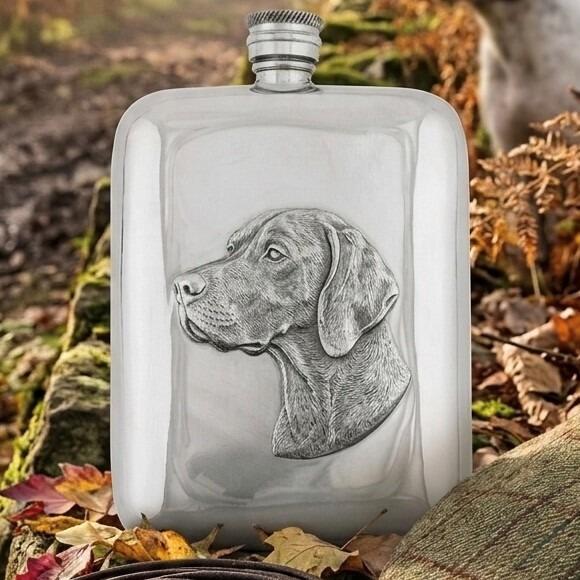 Polished pewter hip flask with an engraved profile of a Labrador Retriever dog