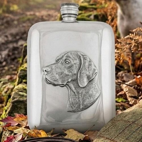 Polished pewter hip flask with an engraved profile of a Labrador Retriever dog