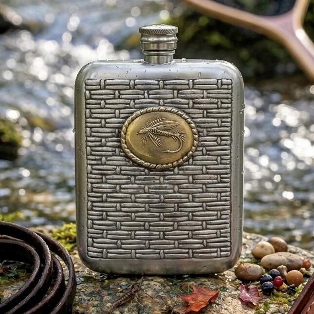 Pewter hip flask with a basketweave texture and a central brass oval depicting a fly fishing lure, set outdoors by a stream