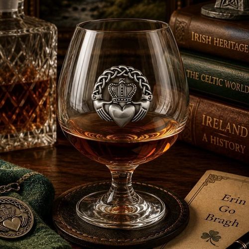 Crystal brandy glass with pewter Claddagh emblem, partially filled with amber liquid