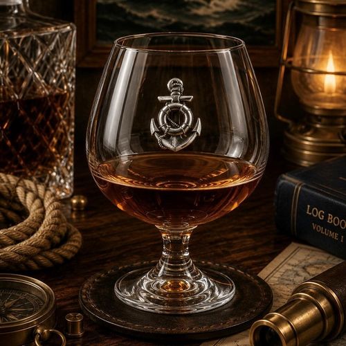 Brandy Glass with a Pewter badge on the front