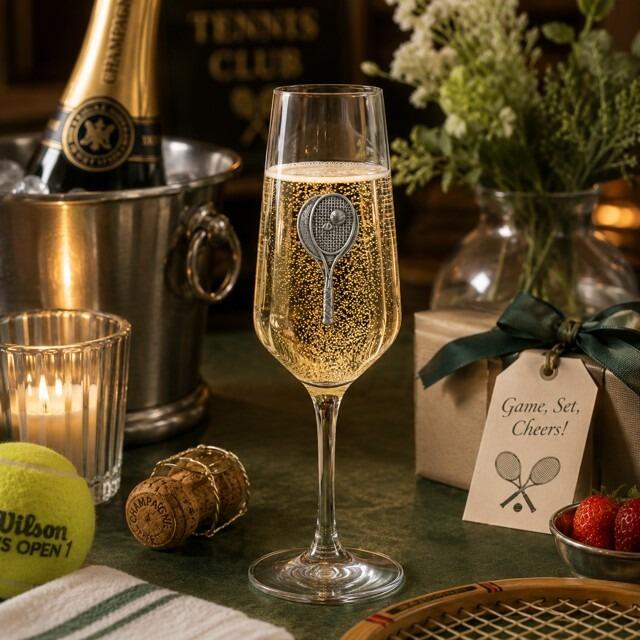 A Champagne Flute with a Pewter Tennis badge on the front, filled with Champagne