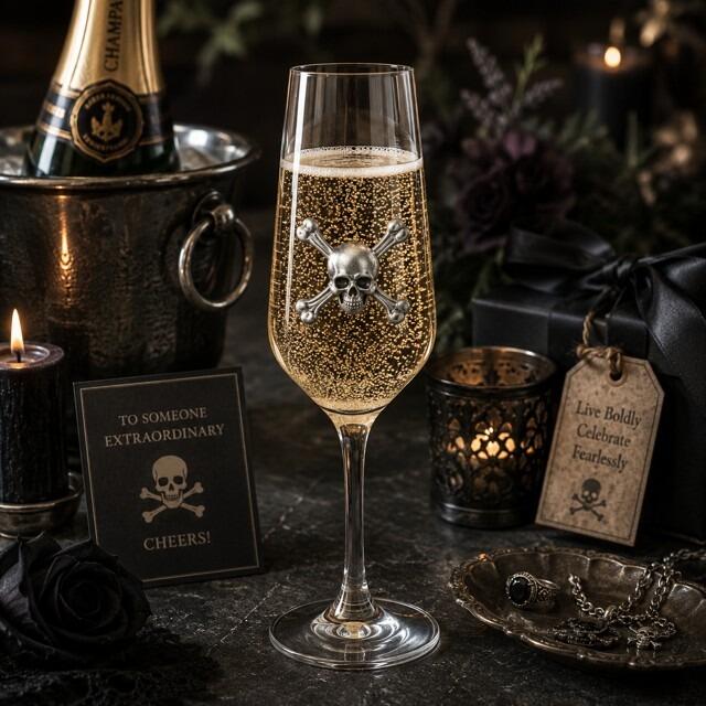 A Champagne Flute with a Pewter Skull badge on the front, filled with Champagne
