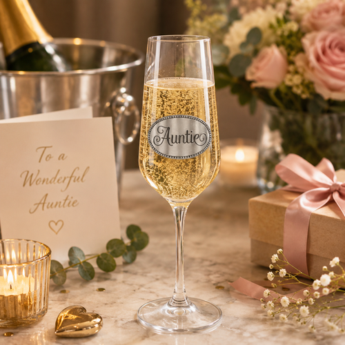 Crystal champagne flute with pewter 'Auntie' badge, filled with bubbly champagne