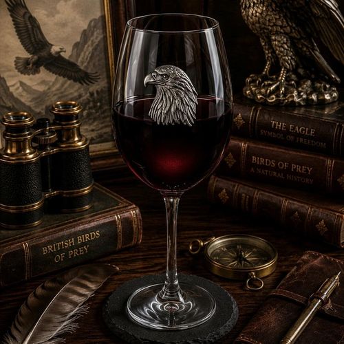Wine glass with handcrafted pewter Eagle badge filled with red wine