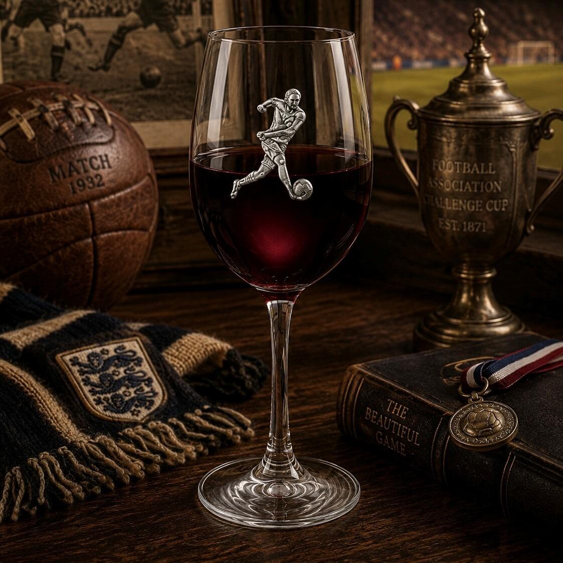 Wine glass with handmade pewter football player badge filled with red wine