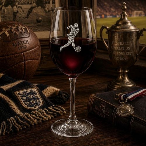 Wine glass with handmade pewter football player badge filled with red wine