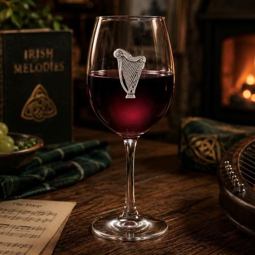 Wine glass with handmade pewter Celtic harp badge filled with red wine