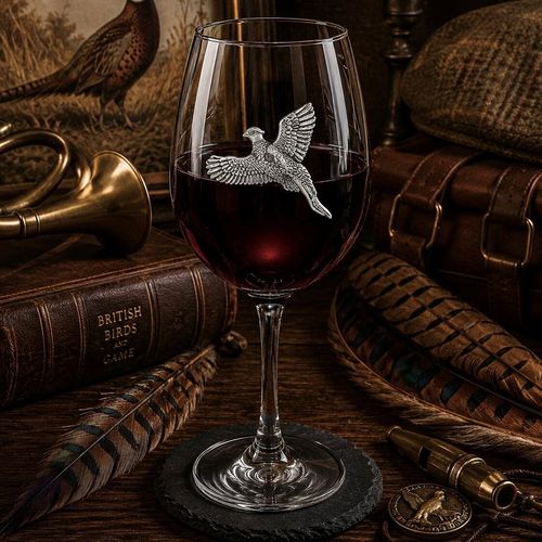 Wine glass with handmade pewter pheasant badge filled with red wine