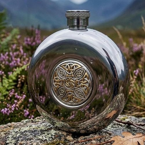 Polished round pewter hip flask featuring a central two-tone medallion with a gold-colored Celtic cross and intricate knotwork design, displayed outdoors on a lichen-covered rock with purple heather
